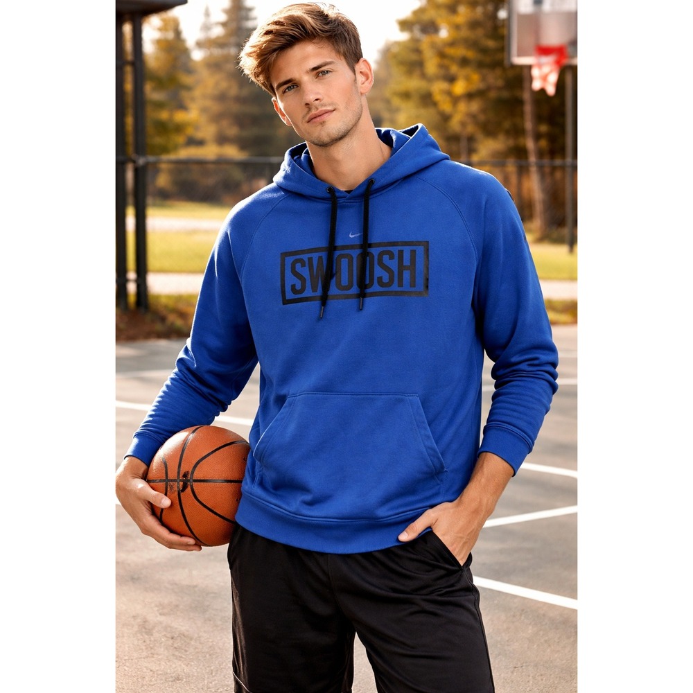 Nike Dri-FIT Hoodie Royal Blue Black Swoosh Graphic Pullover - Medium